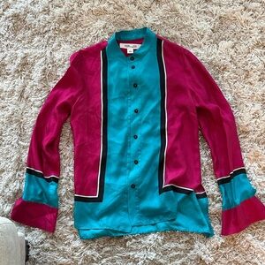 Diane Von Furstenberg Colorblock 100% Silk Button-Up Blouse
